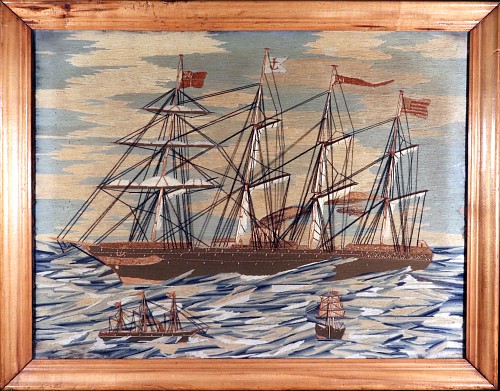 Inventory:  Sailor's Woolwork, British Sailor's Large Woolwork named The City of Rome on a Rough Sea, 1880s, $8,750