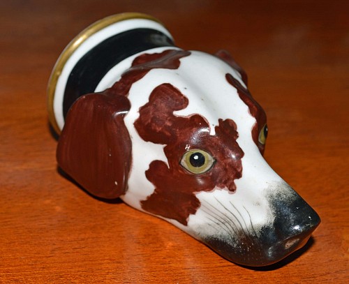 Inventory:  British Porcelain, English Porcelain Fox Hound Stirrup Cup, 1830, SOLD •