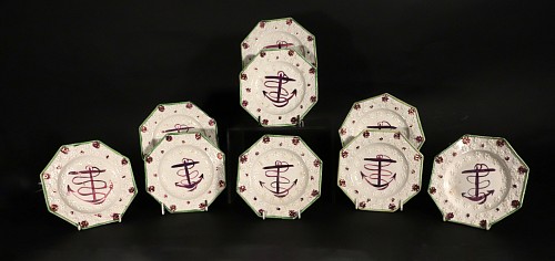 British Pottery Pink Luster Fouled Anchor-decorated Side Plates or Child's Plates- Set of Nine, 1840 $950