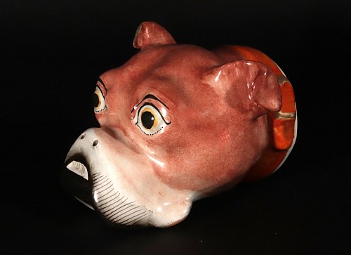Inventory:  British Pottery, Staffordshire Pearlware Pottery Bulldog Stirrup Cup, 1820, $4,250