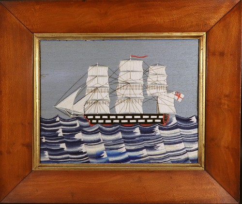 Inventory:  Sailor's Woolwork, Sailor's Woolwork of Royal Navy Ship on Choppy Sea, 1875, SOLD •