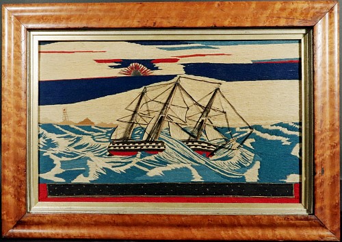 Sailor's Woolwork British Sailor's Woolwork of a Ship in Dramatic Seas off a Coastline, 1875 SOLD •