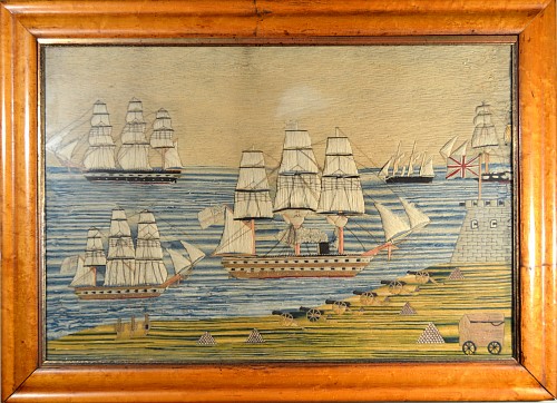 Inventory:  Sailor's Woolwork, Large Sailor's Woolwork of British Ships off Land with a British Fort and Cannon, Circa 1865, SOLD •