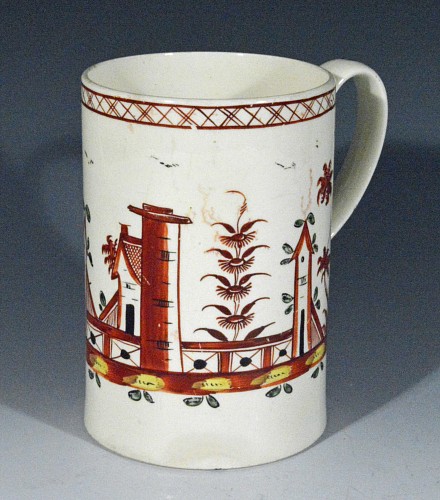 Inventory:  Creamware Pottery, Antique English 18th Century Painted Polychrome Creamware Pottery Chinoiserie Tankard, Circa 1770, SOLD •