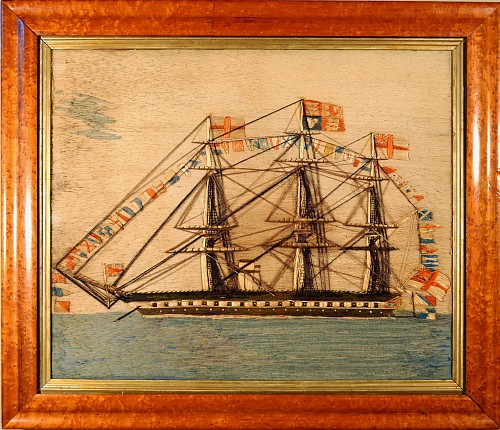 Inventory: British Sailor's Woolwork Picture of a Fully-dressed Ship, 1870, SOLD •