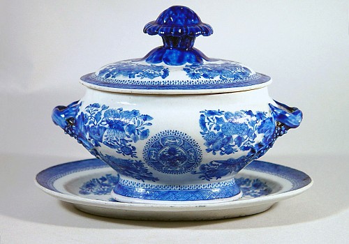 Inventory:  Chinese Export Porcelain, Chinese Export Porcelain Blue Enamel Fitzhugh Sauce Tureen, Cover and Stand, Circa 1810, SOLD •