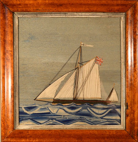 Inventory: British Sailor's Woolwork Picture of a Plymouth Fishing Boat, 1870, SOLD •