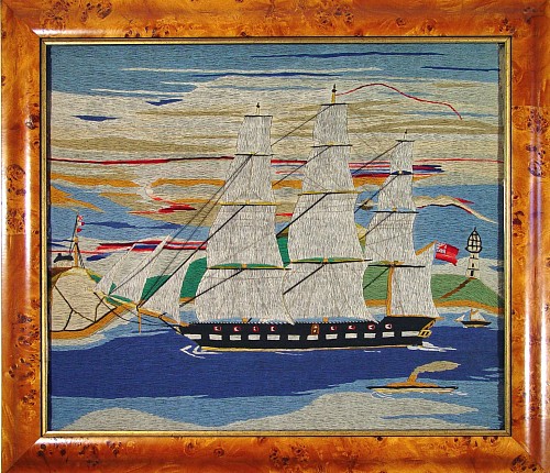 Sailor's Woolwork British Sailor's Woolie of a Ship Coming into Land, 1885 SOLD •