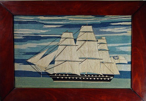 Inventory:  Sailor's Woolwork, British Cotton Sailor's Woolie of a Ship, 1870, SOLD •