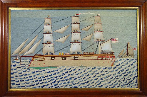 Inventory:  Sailor's Woolwork, British Sailor's Woolwork of a Royal Navy Ironclad with Trapunto Sails, 1880, SOLD •