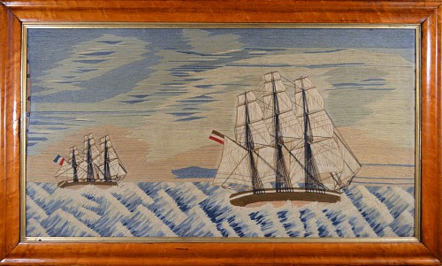 Inventory:  Sailor's Woolwork, British Sailor's Woolwork Picture of Two Ships, 1870, SOLD •