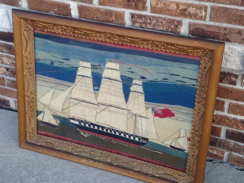 Inventory:  Sailor's Woolwork, English Sailor's Woolwork Picture of a Ship, 1865, SOLD •