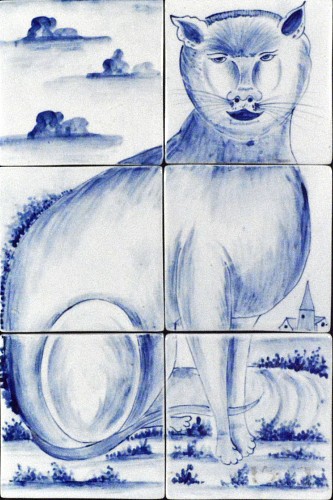 Inventory:  Makkum, Dutch Tin-glazed Earthenware Tile Picture of a Cat, Makkum, 20th century, SOLD •