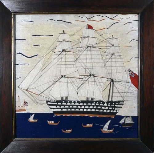 Inventory:  Sailor's Woolwork, English Sailor's Woolwork Picture of a Ship (woolie), 1876, SOLD •