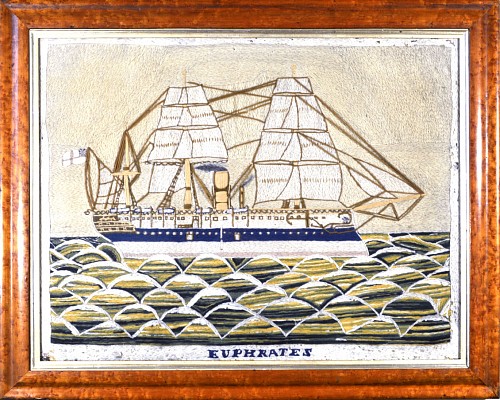 Inventory:  Sailor's Woolwork, English Sailor's Woolwork or Woolie Picture of HMS Euphrates, 1890, SOLD •