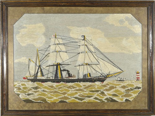 Inventory:  Sailor's Woolwork, English Sailor's Woolwork of The Lissie, Signed JL,, 1865, SOLD •