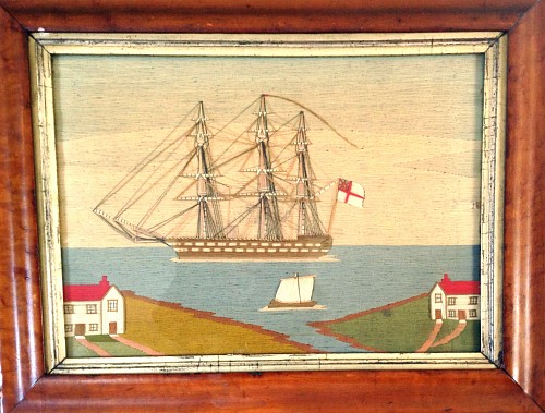 British Sailor's Woolwork of a Ship in Bay with Land, 1865 SOLD •