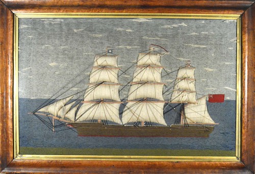 Inventory:  Sailor's Woolwork, Sailor's Woolwork or Woolie Large Picture of a Ship, 1865, SOLD •