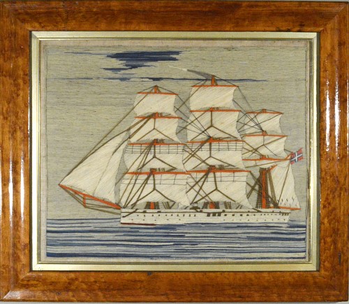Inventory:  Sailor's Woolwork, Sailor's Woolwork or Woolie of Three-masted Ship, 1865, SOLD •