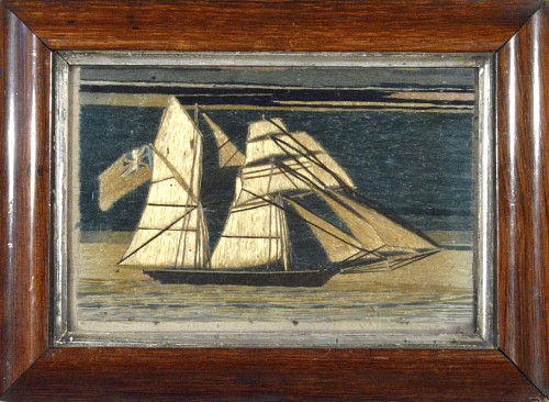 Inventory:  Sailor's Woolwork, Sailor's Miniature Silkwork of a Navy Brigantine, 1865, SOLD •