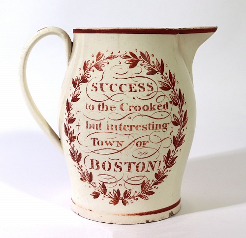 Creamware Pottery English Creamware Jug with "Success to the Crooked but interesting Town of Boston" Inscription (Boston, MA), 1800 SOLD •