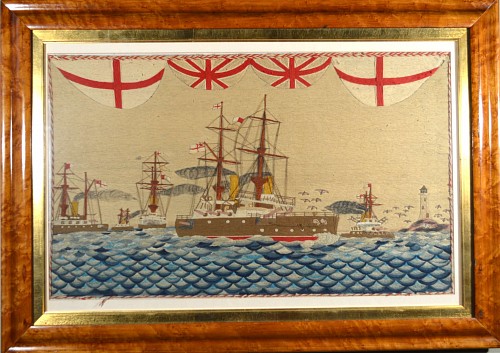 Inventory:  Sailor's Woolwork, Sailor's Woolwork Large Picture of Five Royal Navy Battleships on Unusual Chevron Sea, late 19th Century, SOLD •
