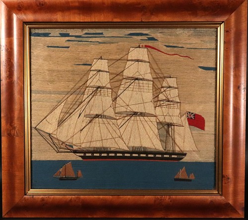 Inventory:  Sailor's Woolwork, Sailor's Woolwork of Royal Navy Ship with Red Ensign with Two Bermudan Ketches, 1865, $6,500