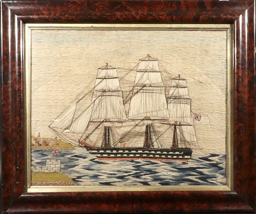 Sailor's Woolwork British Sailor's Woolwork of Ship on Checkerboard Sea Entering Estuary, 1870