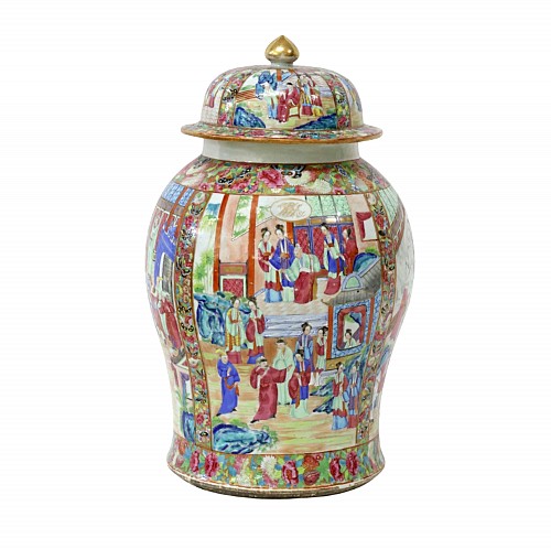 Chinese Export Porcelain Chinese Export Porcelain Canton Temple Jar decorated with Panels of Chinese Interior Scenes, American Market, 19th Century $7,800