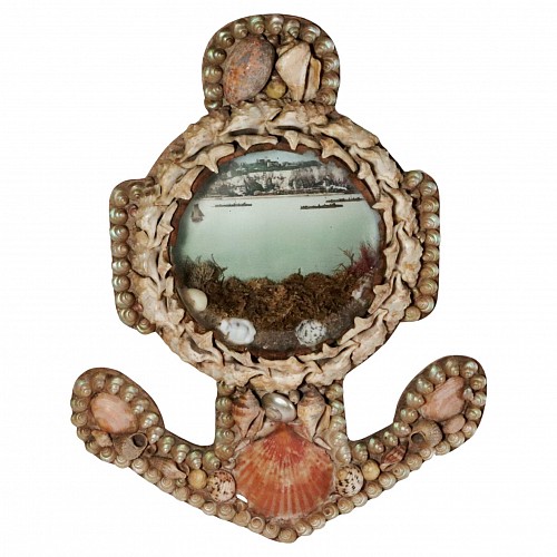 Edwardian Shell Valentine- Anchor-shaped Diorama-Ships off Dover & its White Cliffs, Early 20th Century $1,500