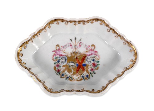Inventory:  Chinese Export Porcelain, Chinese Export Porcelain Armorial Spoon Tray, Arms of Gilpin, 1755, $550