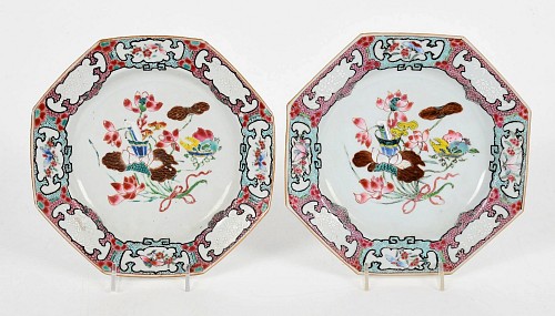 Inventory:  Chinese Export Porcelain, Chinese Export Porcelain Famille Rose Octagonal Botanical Plates- A Pair, 1740, $1,500