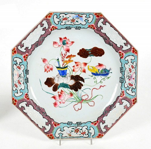 Inventory:  Chinese Export Porcelain, Chinese Export Porcelain Famille Rose Octagonal Botanical Dish, 1740, $2,500