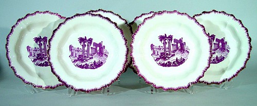 Inventory:  Creamware Pottery, Antique English Feather-edge Creamware Set of Four Plates with Puce Decoration, Neale & Company, Circa 1780-85, $2,000