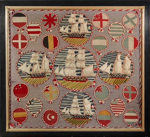 Inventory:  Sailor's Woolwork, Massive British Sailor's Woolwork of Ships and Flags, 1880, SOLD •