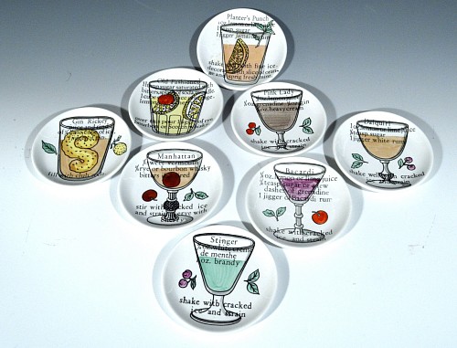 Piero Fornasetti Piero Fornasetti  Ceramic ""Cocktail"" Coasters- A complete Set of Ewight, 1960 SOLD •