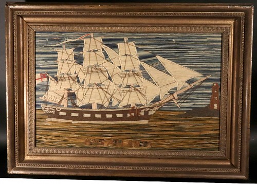 Inventory:  Sailor's Woolwork, British Sailor's Woolwork of HMS Aalanta Coming into Port, 1880, $7,500