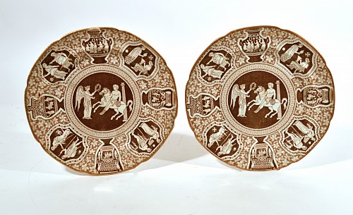 Inventory:  Spode Factory, Spode Neo-classical Greek Pattern Rare Brown-Black Pair Side Plates-A Wreath for the Victor, 1810-25, $750