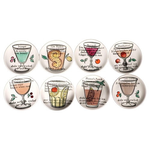 Inventory:  Piero Fornasetti, Piero Fornasetti Ceramic Complete Set of ""Cocktail"" Pattern Coasters, 1950s-60s, $875