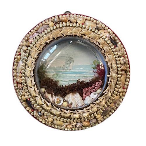 Inventory:  shellwork, Edwardian Shellwork Valentine Diorama of a Ship, 1900, $1,500