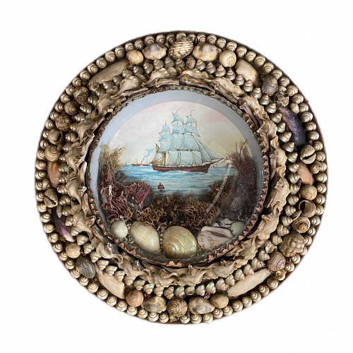 Inventory:  shellwork, Edwardian Shellwork Valentine Diorama of a Clipper Ship, 1900, SOLD •
