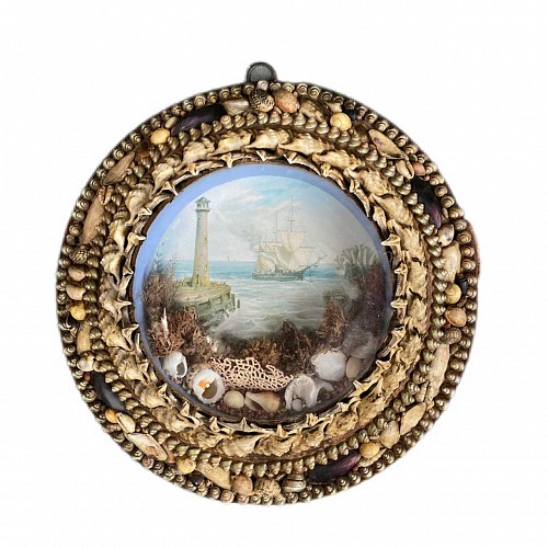 Inventory:  shellwork, Edwardian Shellwork Valentine Diorama of a Ship Passing Lighthouse, 1900, $1,500