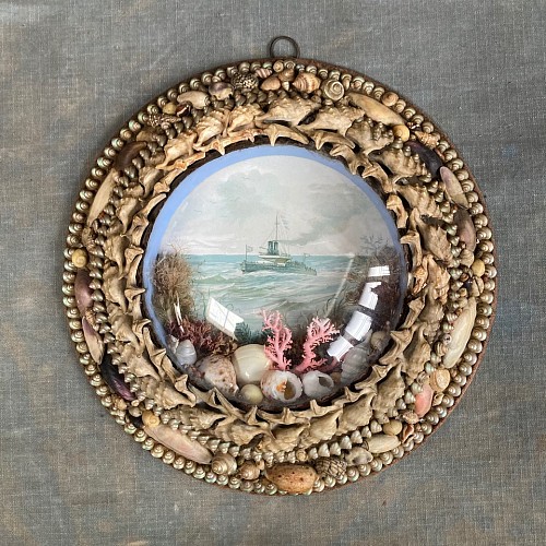 shellwork Edwardian Shellwork Valentine Diorama of HMS Devastation, 1900 SOLD •