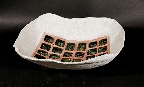 Mid-century Modern American Stoneware Pottery Rectangular Bowl with Box of Chocolate Design, 1960s $950