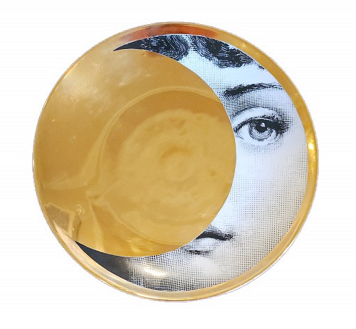 Inventory:  Fornasetti Atalier, Fornasetti Porcelain Surreal Gold Themes & Variation Plate, Pattern # 39, $795