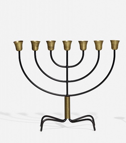 Inventory:  Vintage, Svend Aage Holm SÃ¸rensen Danish Mid-century Modern Steel and Brass Menorah, 1960s, $1,250