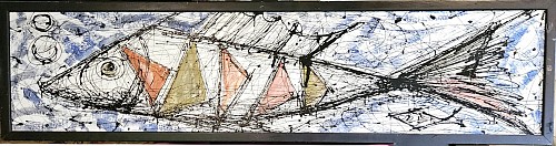 Inventory:  Modernist, Mid-century Modernist Painting of Stylized Fish and Yachts, Late 20th century