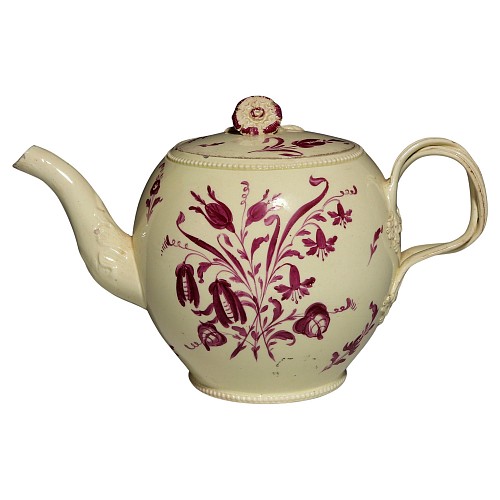 Inventory:  Creamware Pottery, English Creamware Large Teapot with Puce Flower Painted Decoration, 1770, $1,950
