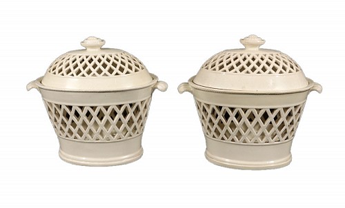 Inventory:  Creamware Pottery, English Pottery Creamware Openwork Covered Baskets, 1780-1800, $3,850