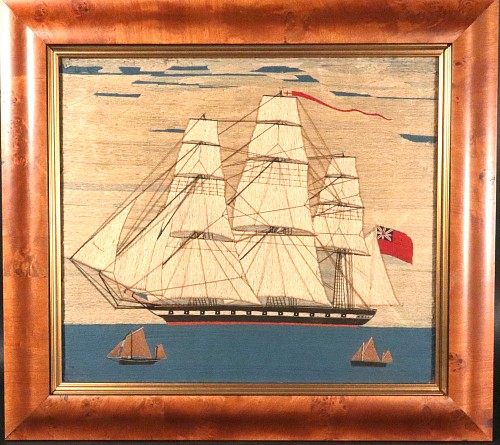 Inventory:  Sailor's Woolwork, Sailor's Woolwork of Royal Navy Ship with Red Ensign with Two Bermudan Ketches, 1865, $6,500